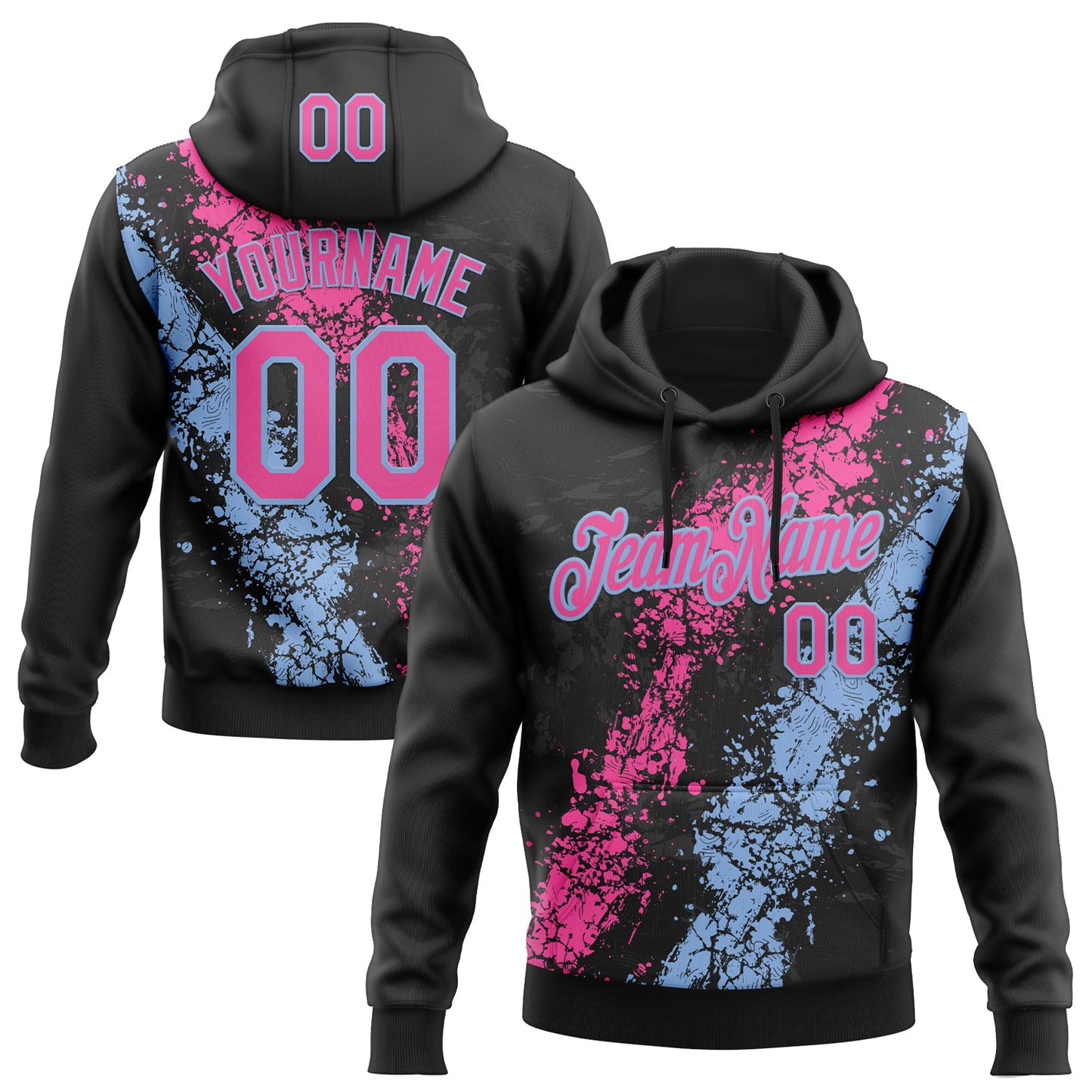 Custom Stitched Black Pink-Light Blue Splash Sports Pullover Sweatshirt Hoodie - Main View