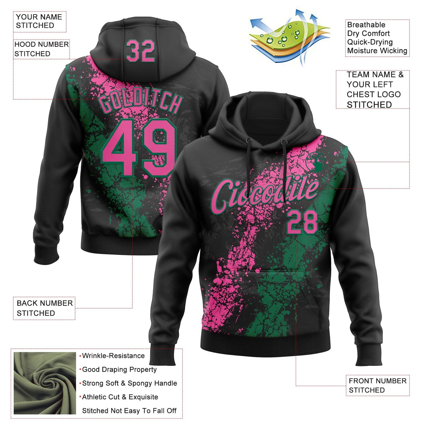 Custom Stitched Black Pink-Kelly Green Splash Sports Pullover Sweatshirt Hoodie view 4