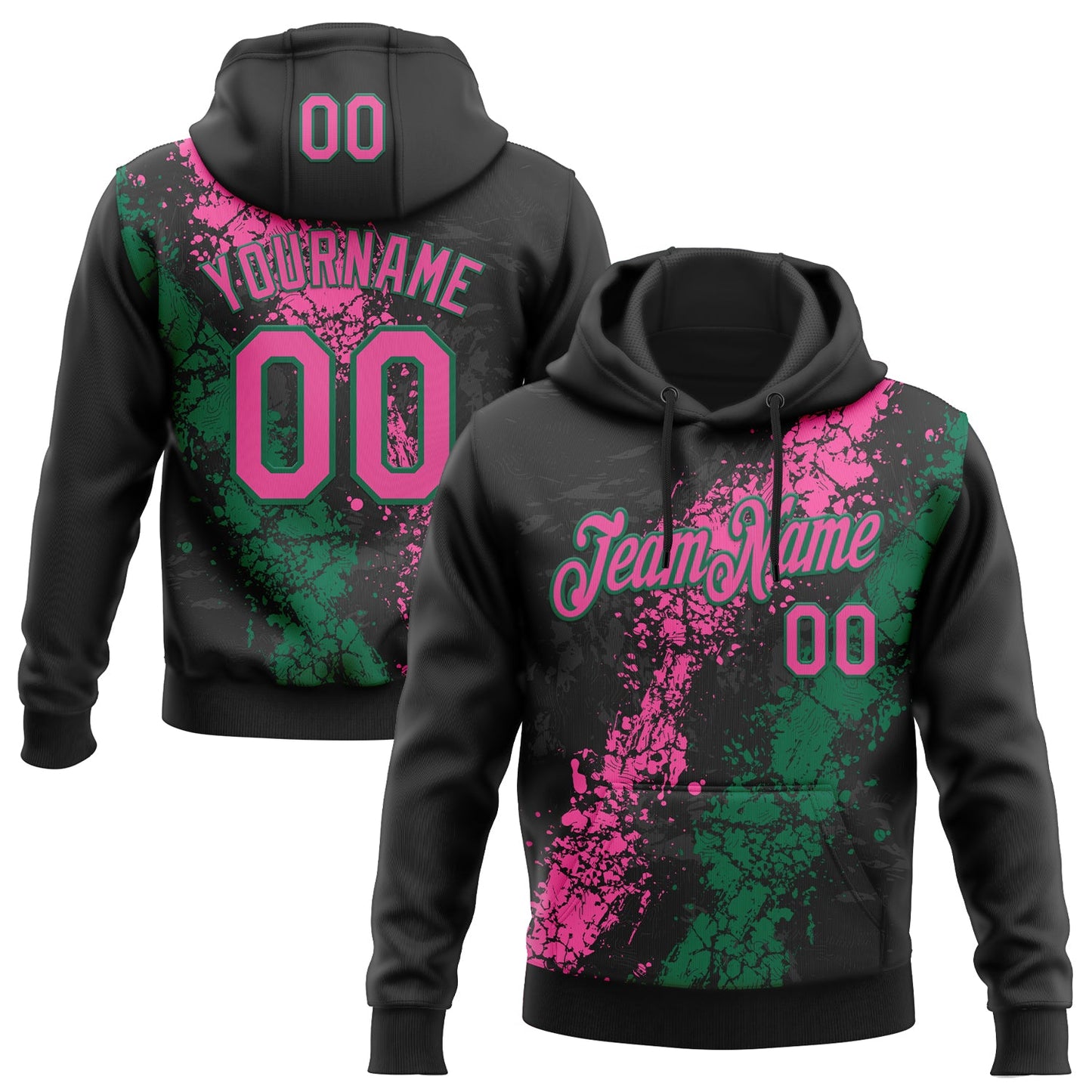 Custom Stitched Black Pink-Kelly Green Splash Sports Pullover Sweatshirt Hoodie - Main View