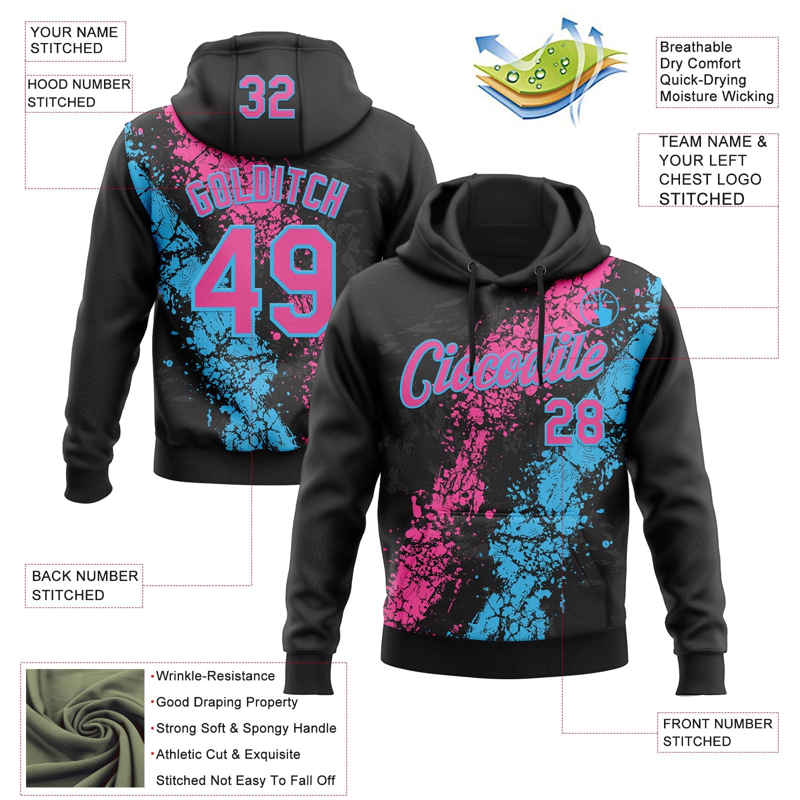 Custom Stitched Black Pink-Sky Blue Splash Sports Pullover Sweatshirt Hoodie view 4