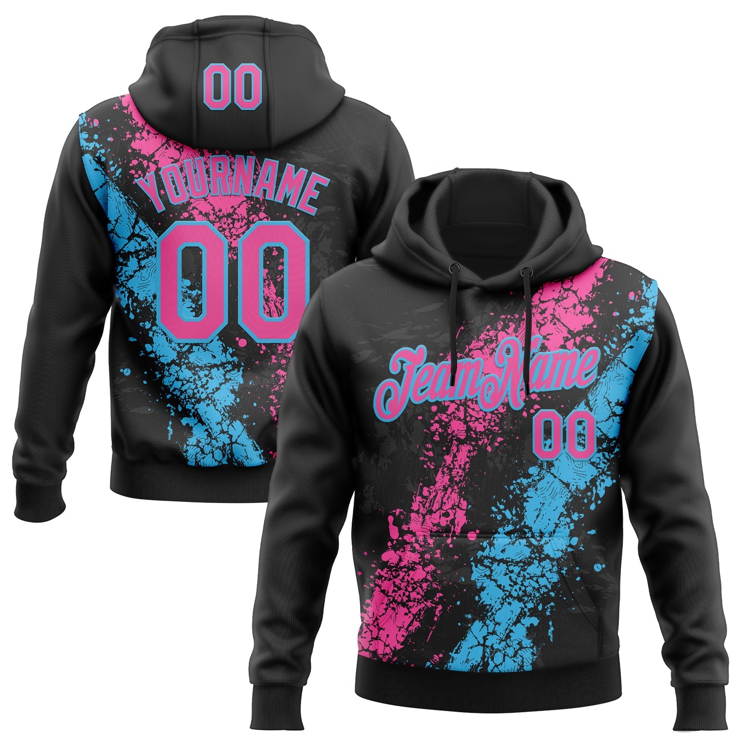 Custom Stitched Black Pink-Sky Blue Splash Sports Pullover Sweatshirt Hoodie - Main View