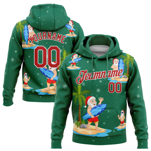 Custom Stitched Kelly Green Red-White 3D Tropical Christmas Surfing Santas Sports Pullover Sweatshirt Hoodie - Main View