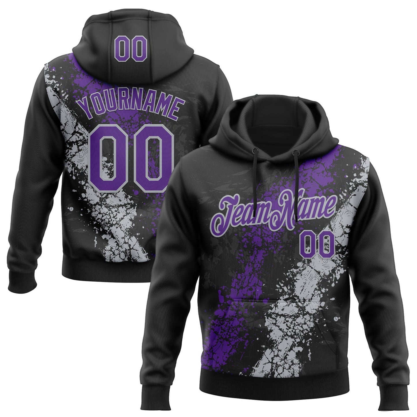 Custom Stitched Black Purple-Gray Splash Sports Pullover Sweatshirt Hoodie - Main View
