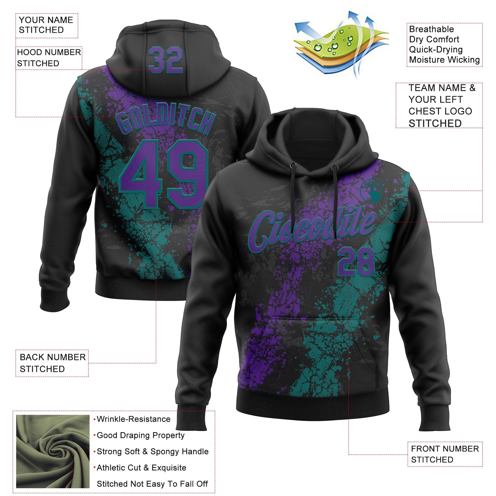 Custom Stitched Black Purple-Teal Splash Sports Pullover Sweatshirt Hoodie view 4