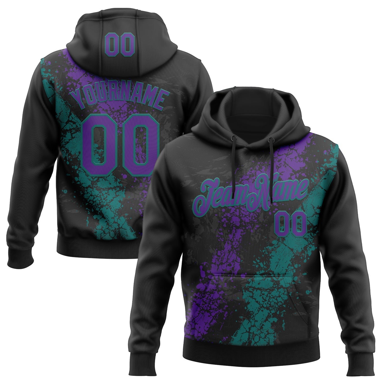 Custom Stitched Black Purple-Teal Splash Sports Pullover Sweatshirt Hoodie - Main View