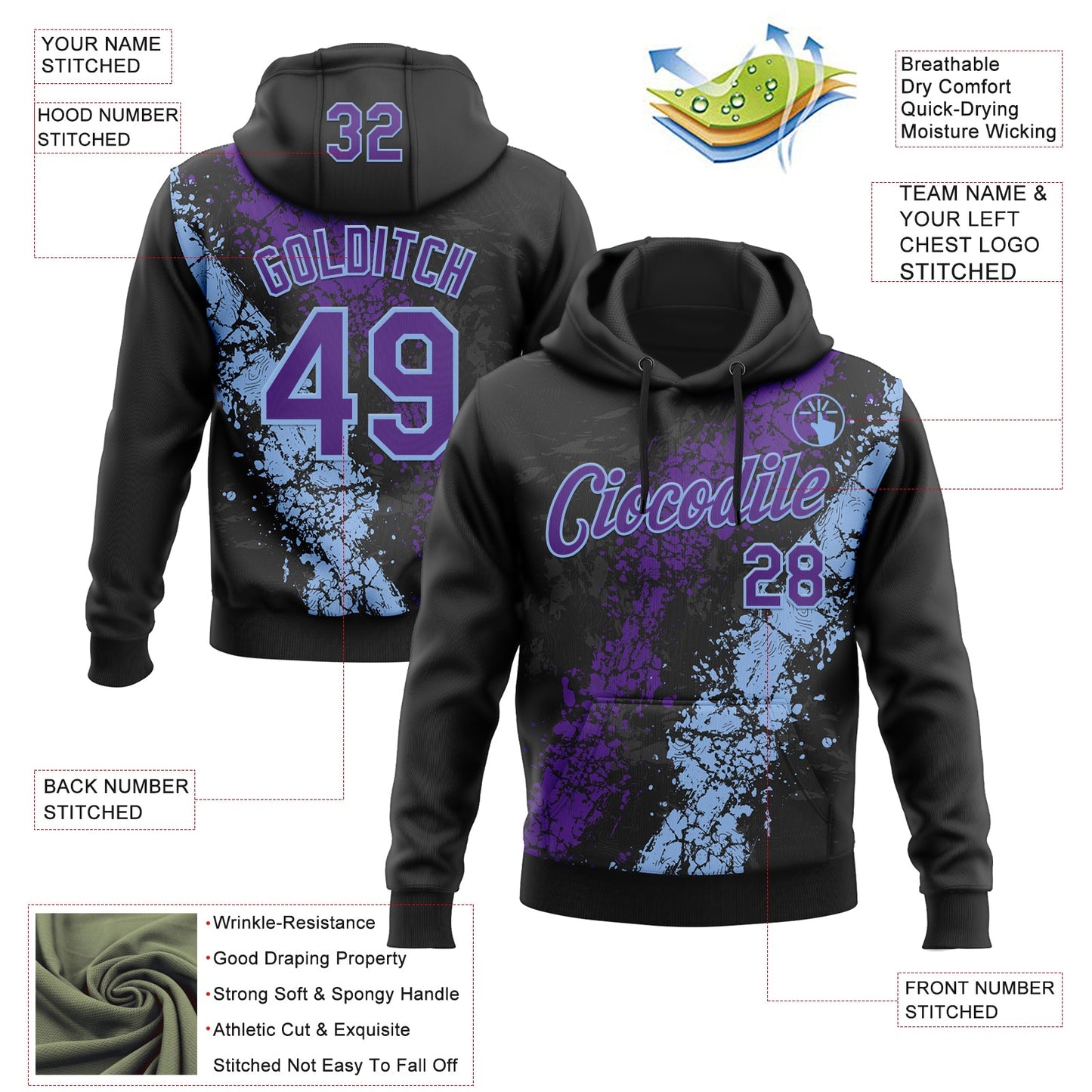 Custom Stitched Black Purple-Light Blue Splash Sports Pullover Sweatshirt Hoodie view 4