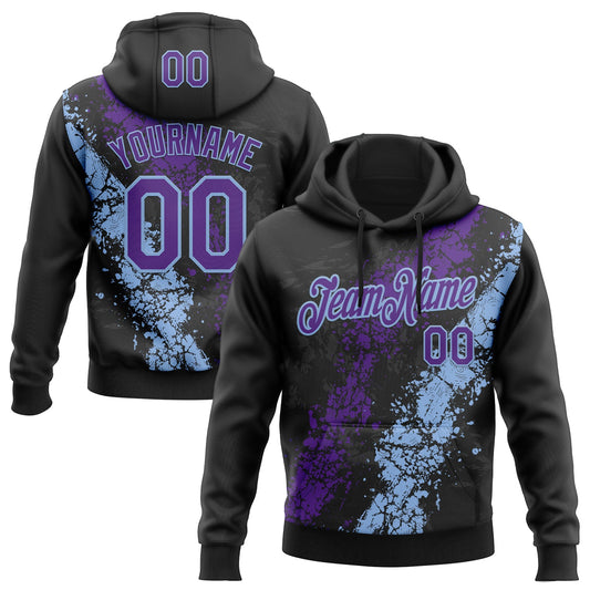 Custom Stitched Black Purple-Light Blue Splash Sports Pullover Sweatshirt Hoodie - Main View