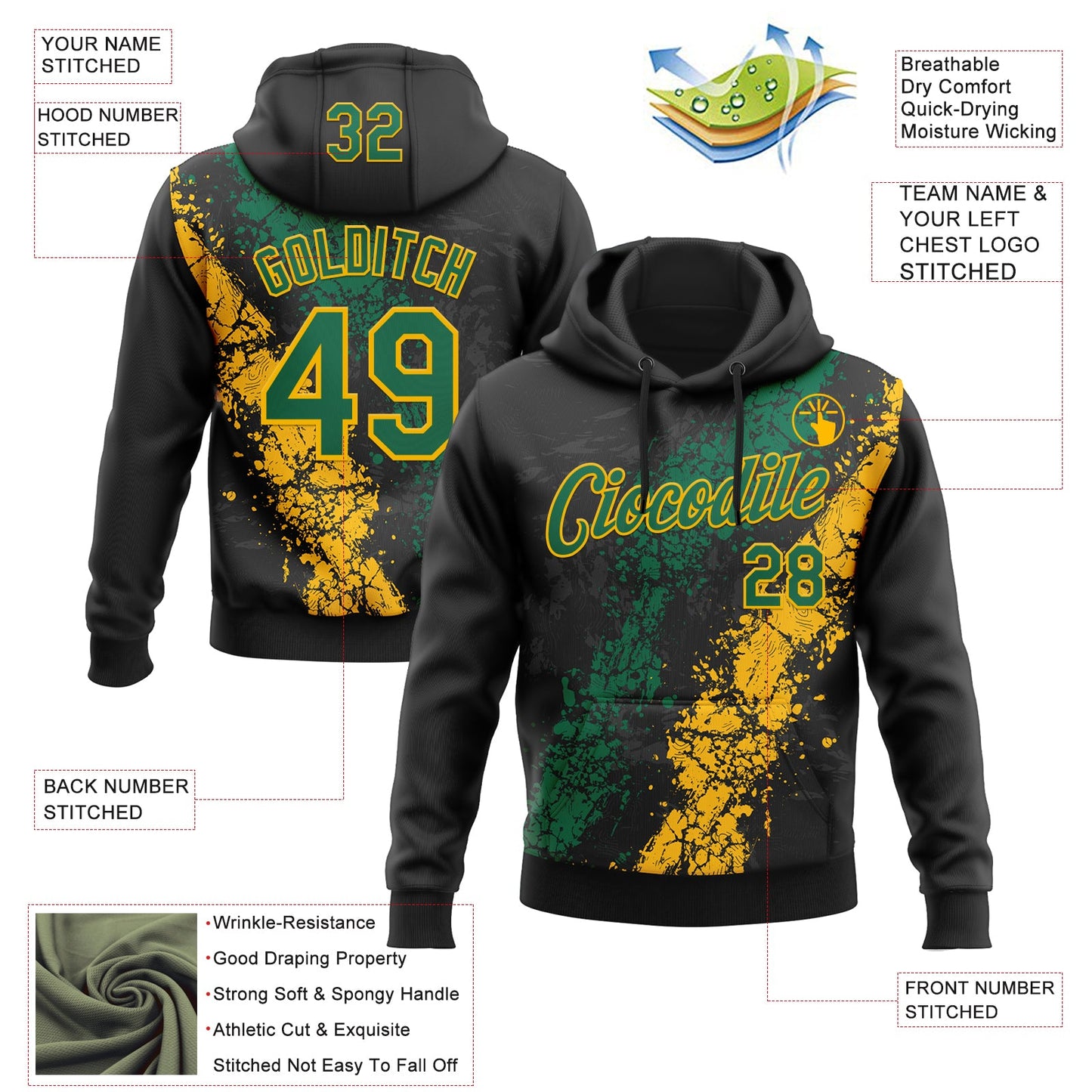 Custom Stitched Black Kelly Green-Gold Splash Sports Pullover Sweatshirt Hoodie view 4