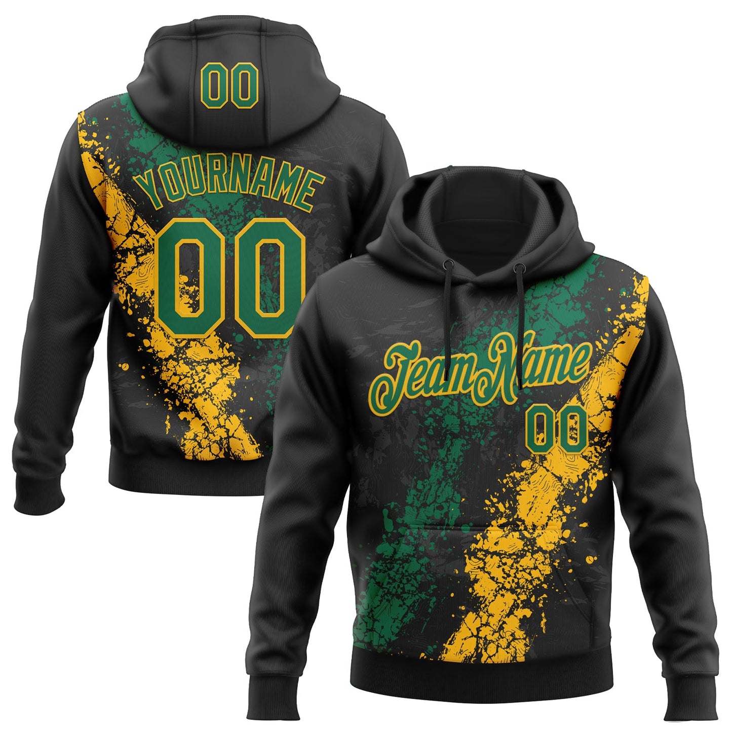 Custom Stitched Black Kelly Green-Gold Splash Sports Pullover Sweatshirt Hoodie - Main View