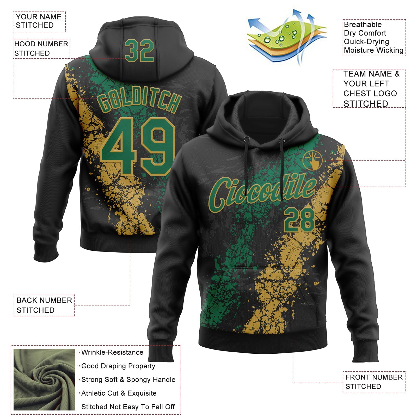 Custom Stitched Black Kelly Green-Old Gold Splash Sports Pullover Sweatshirt Hoodie view 4