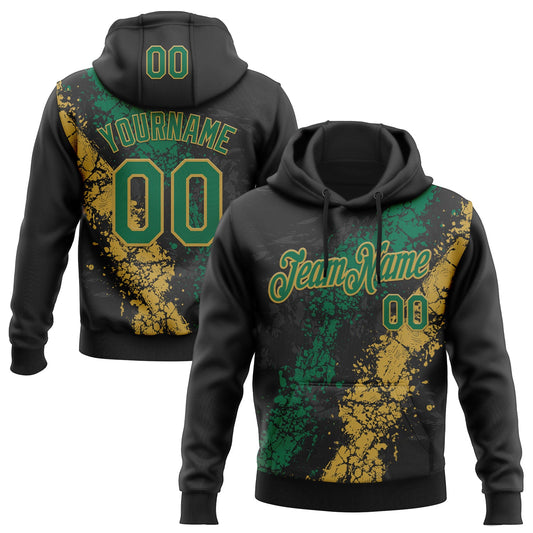 Custom Stitched Black Kelly Green-Old Gold Splash Sports Pullover Sweatshirt Hoodie - Main View
