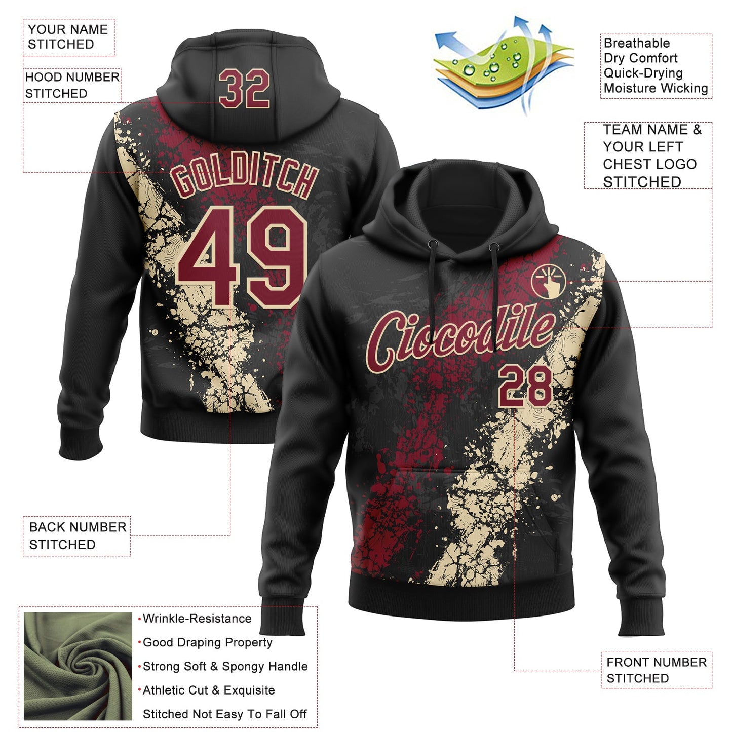 Custom Stitched Black Crimson-Cream Splash Sports Pullover Sweatshirt Hoodie view 4