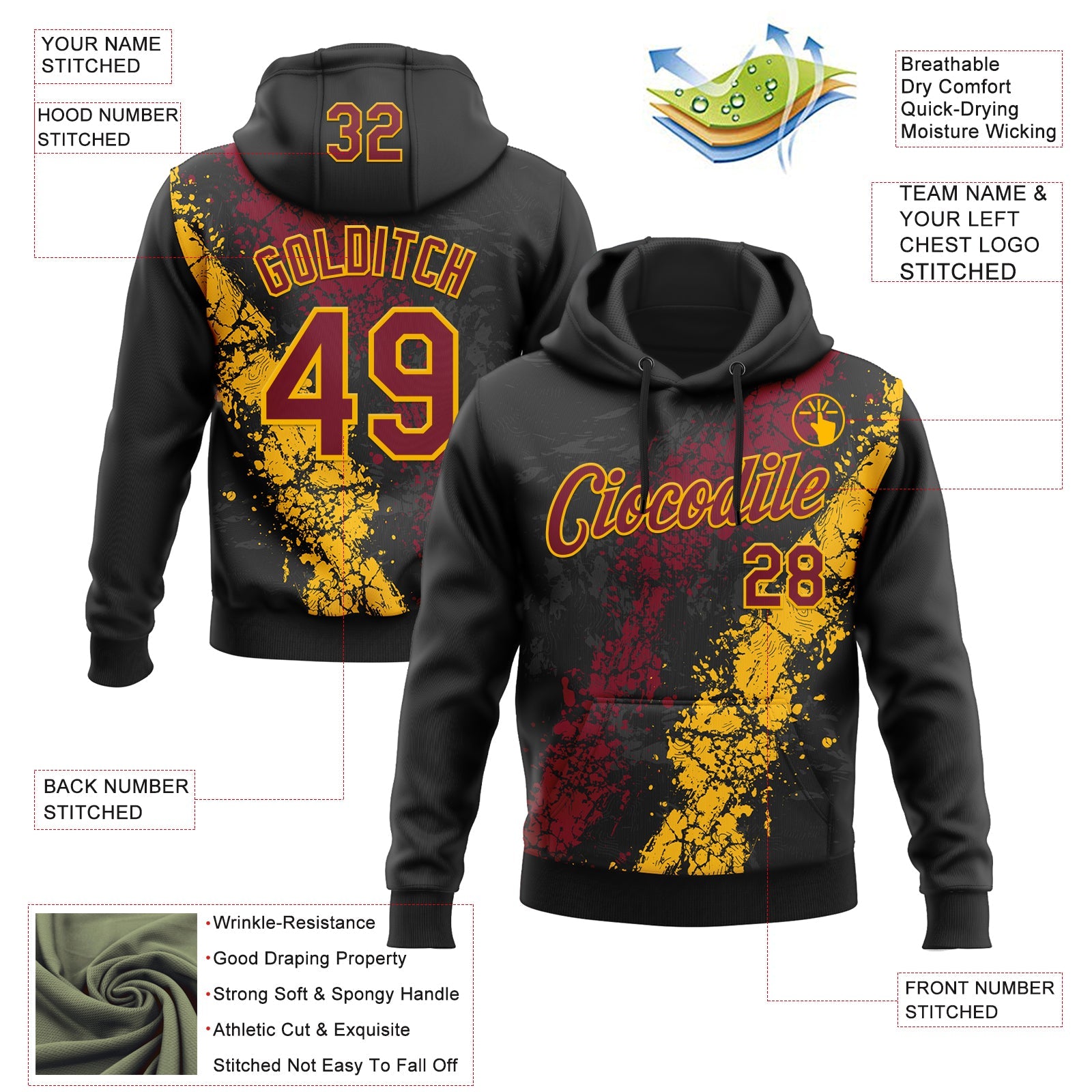 Custom Stitched Black Crimson-Gold Splash Sports Pullover Sweatshirt Hoodie view 4