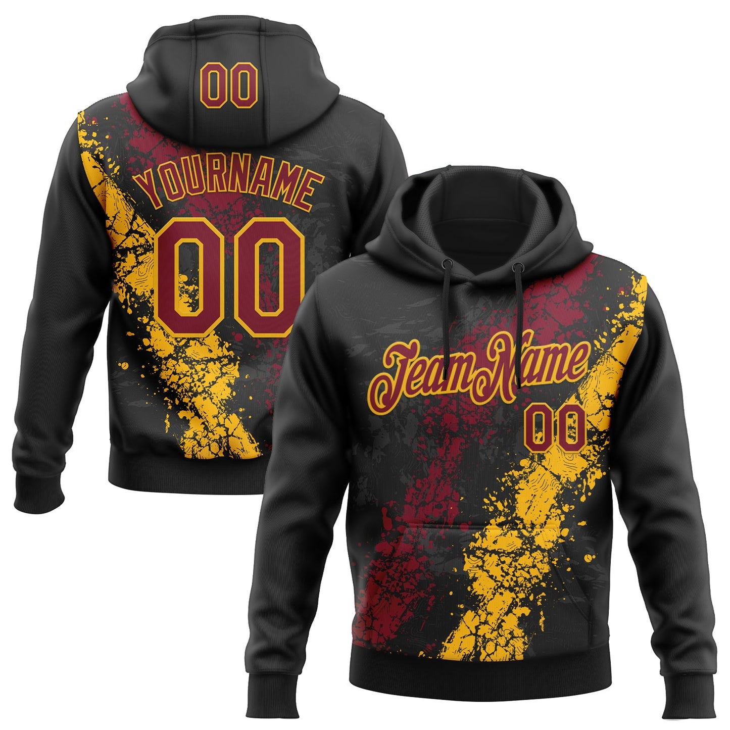 Custom Stitched Black Crimson-Gold Splash Sports Pullover Sweatshirt Hoodie - Main View