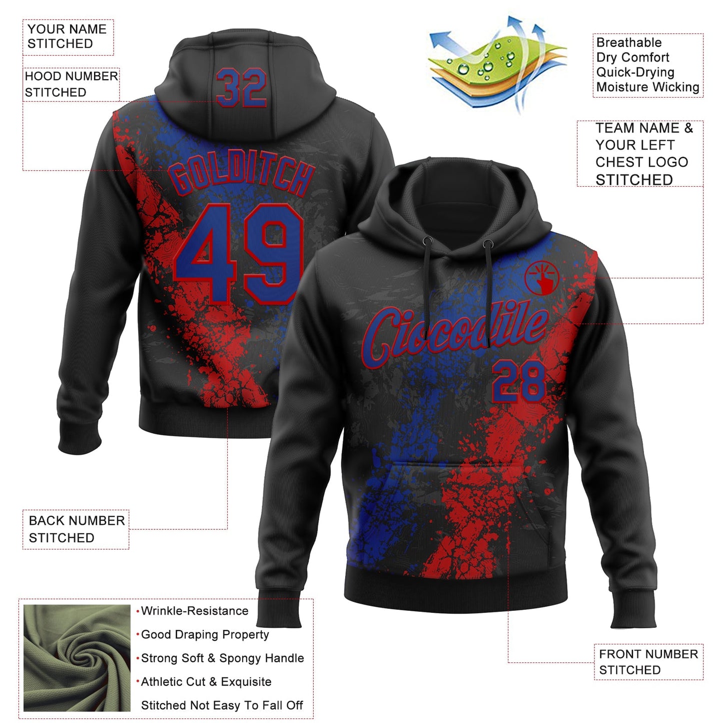 Custom Stitched Black Royal-Red Splash Sports Pullover Sweatshirt Hoodie view 4