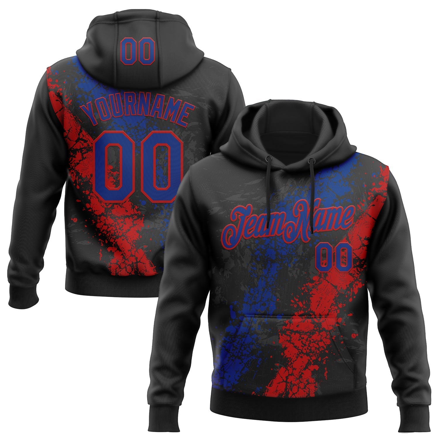 Custom Stitched Black Royal-Red Splash Sports Pullover Sweatshirt Hoodie - Main View
