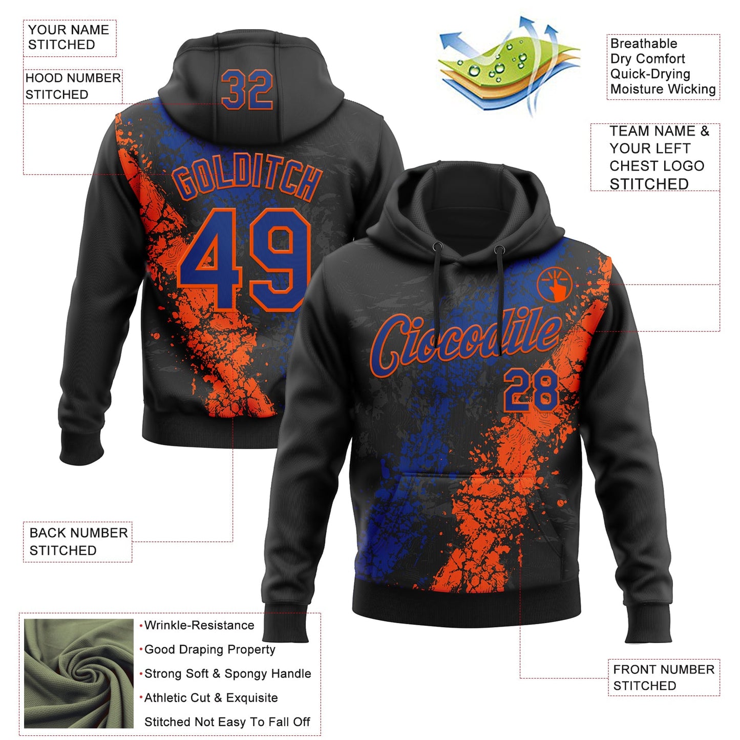 Custom Stitched Black Royal-Orange Splash Sports Pullover Sweatshirt Hoodie view 4