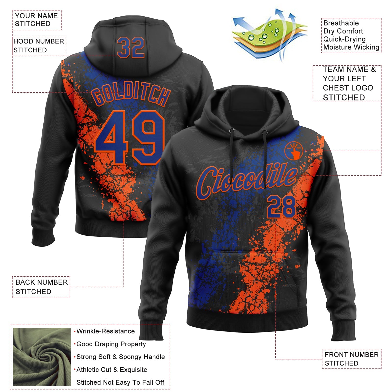 Custom Stitched Black Royal-Orange Splash Sports Pullover Sweatshirt Hoodie view 4