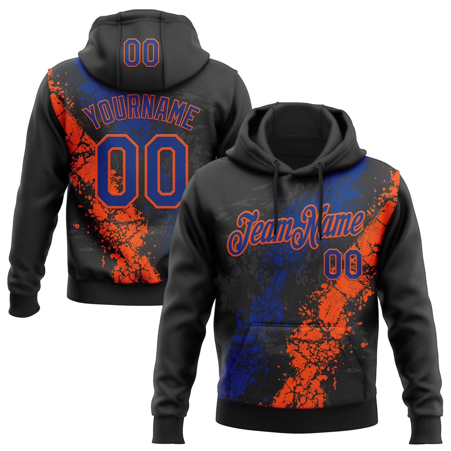 Custom Stitched Black Royal-Orange Splash Sports Pullover Sweatshirt Hoodie - Main View