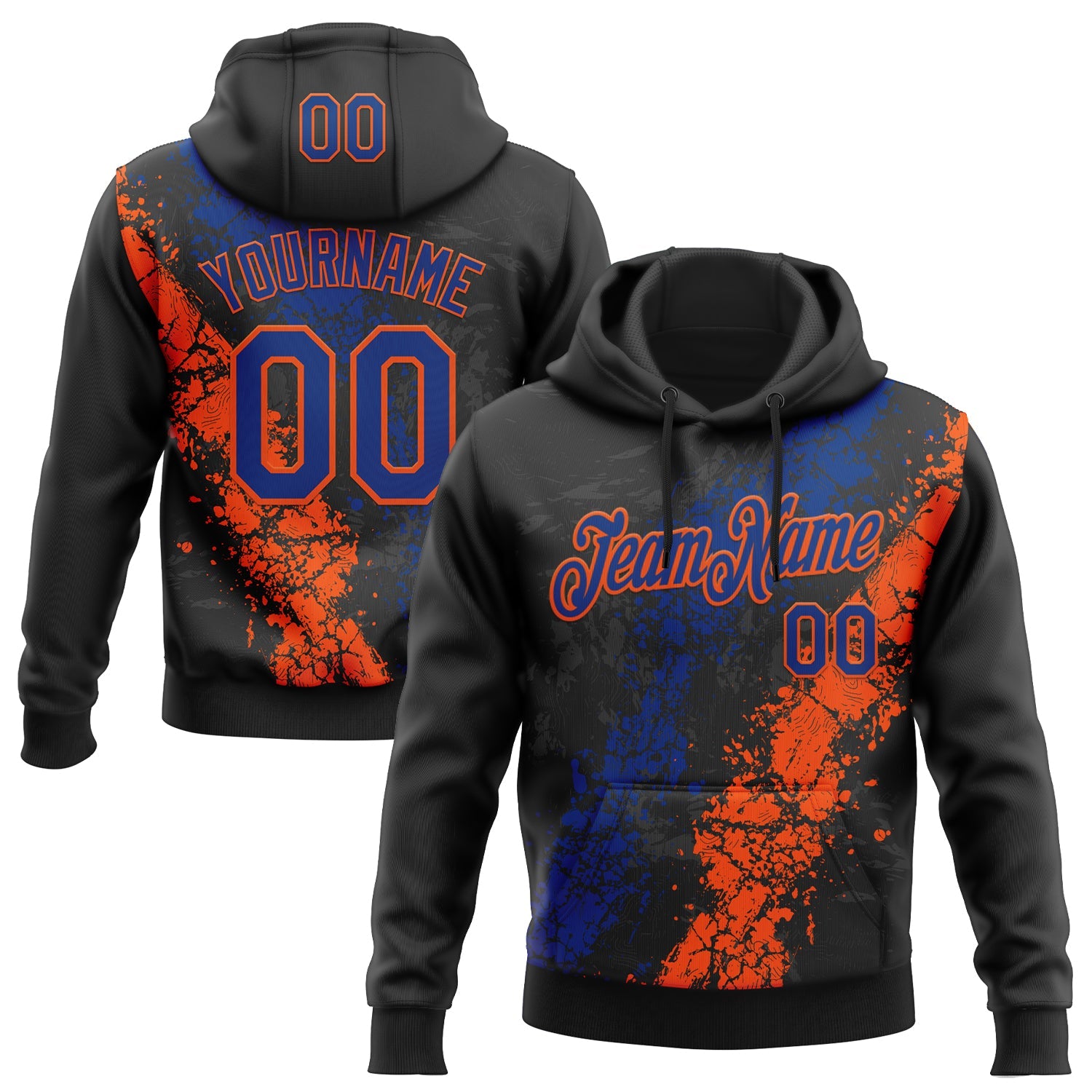 Custom Stitched Black Royal-Orange Splash Sports Pullover Sweatshirt Hoodie - Main View