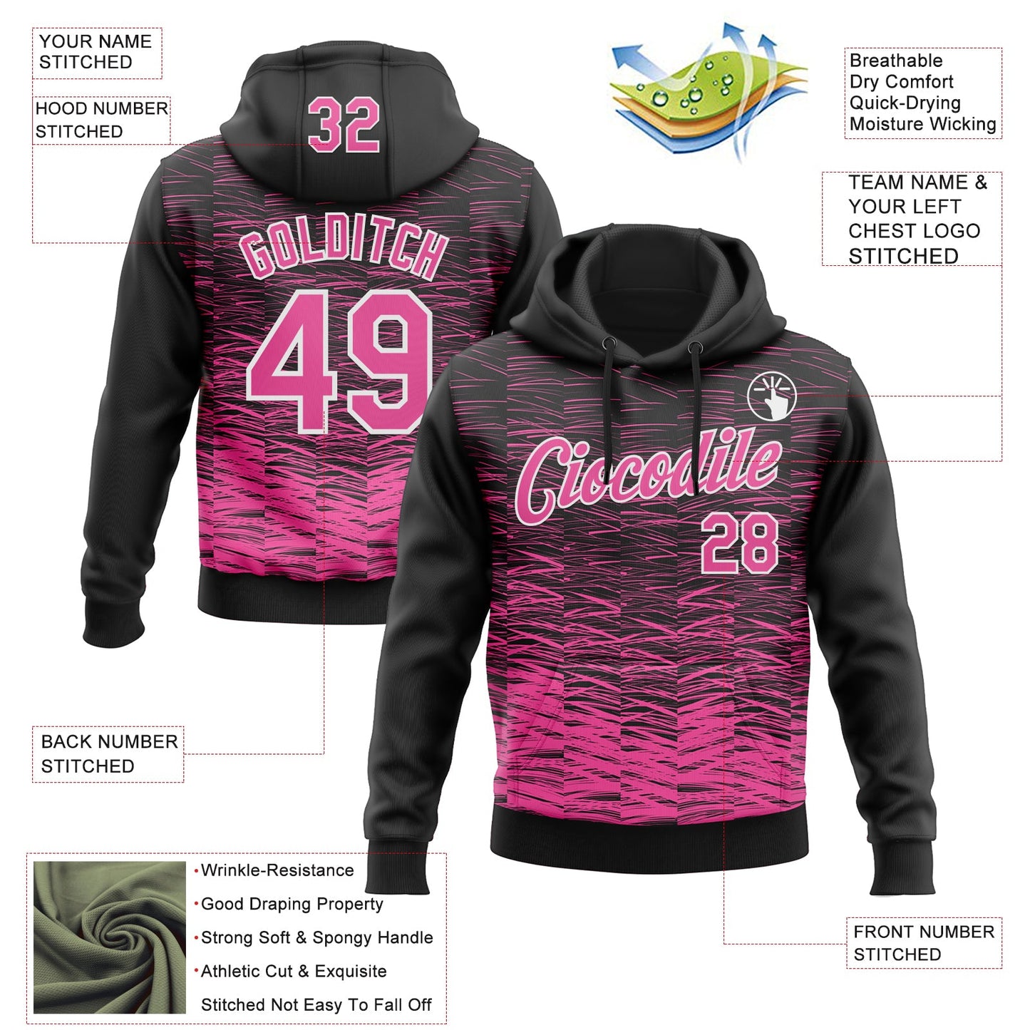 Custom Stitched Black Pink-White Line Sports Pullover Sweatshirt Hoodie view 4