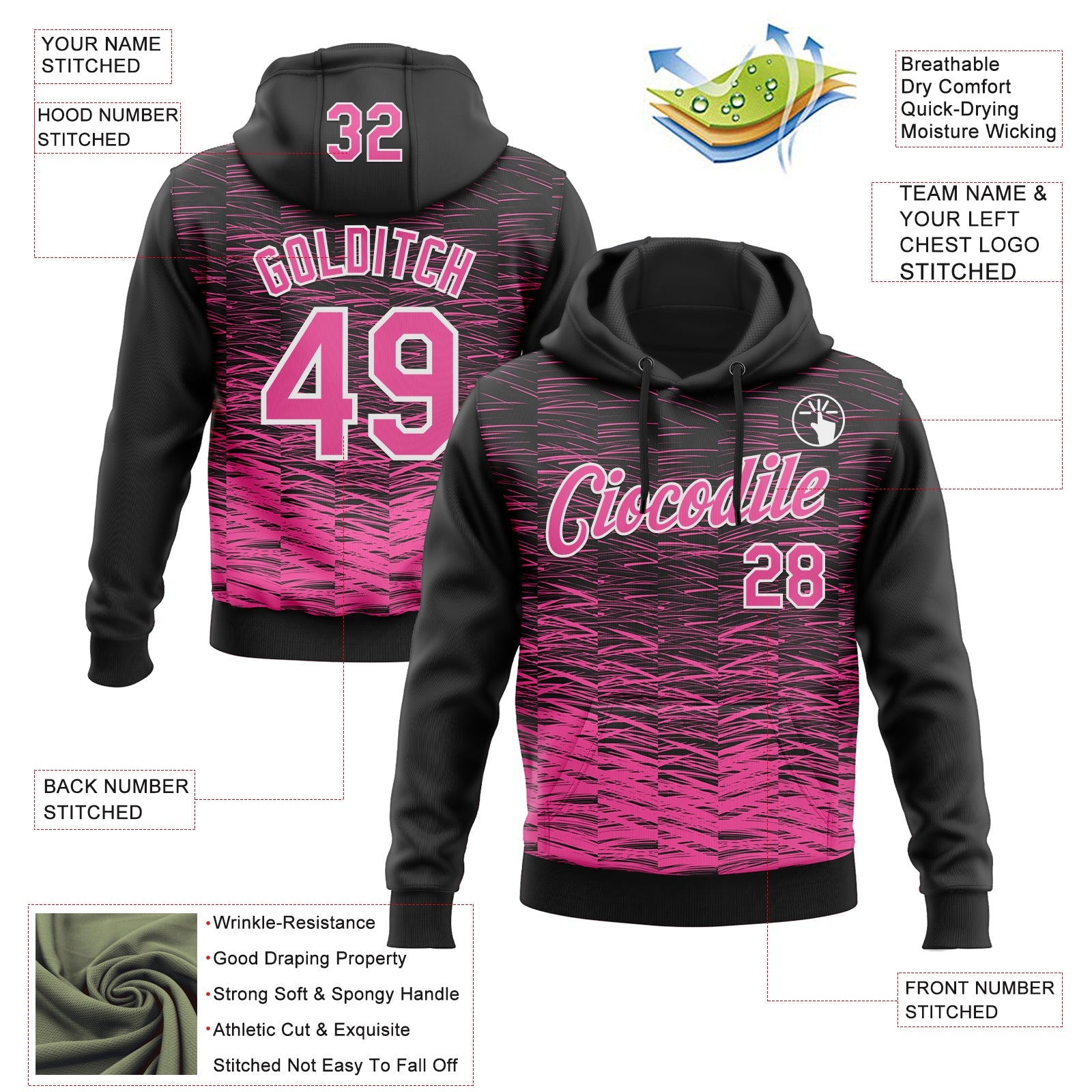 Custom Stitched Black Pink-White Line Sports Pullover Sweatshirt Hoodie view 4