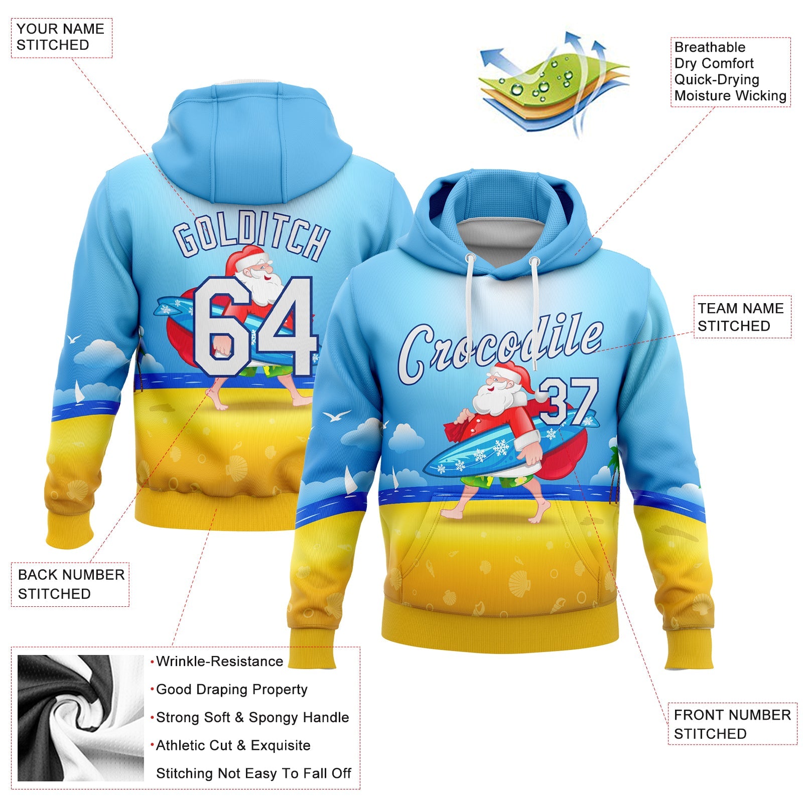 Custom Stitched Light Blue White Gold-Royal 3D Tropical Christmas Surfing Santa Sports Pullover Sweatshirt Hoodie view 2