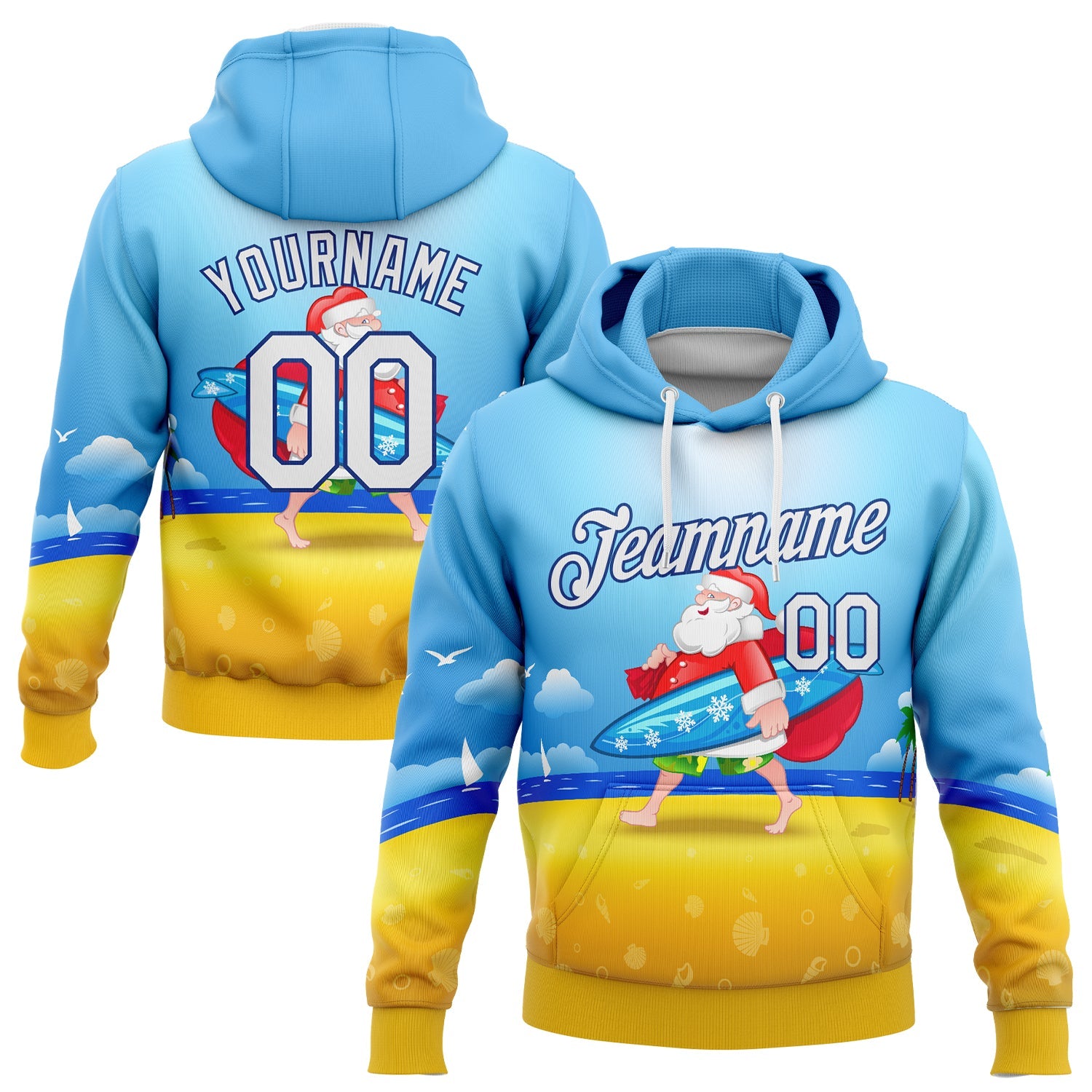 Custom Stitched Light Blue White Gold-Royal 3D Tropical Christmas Surfing Santa Sports Pullover Sweatshirt Hoodie - Main View