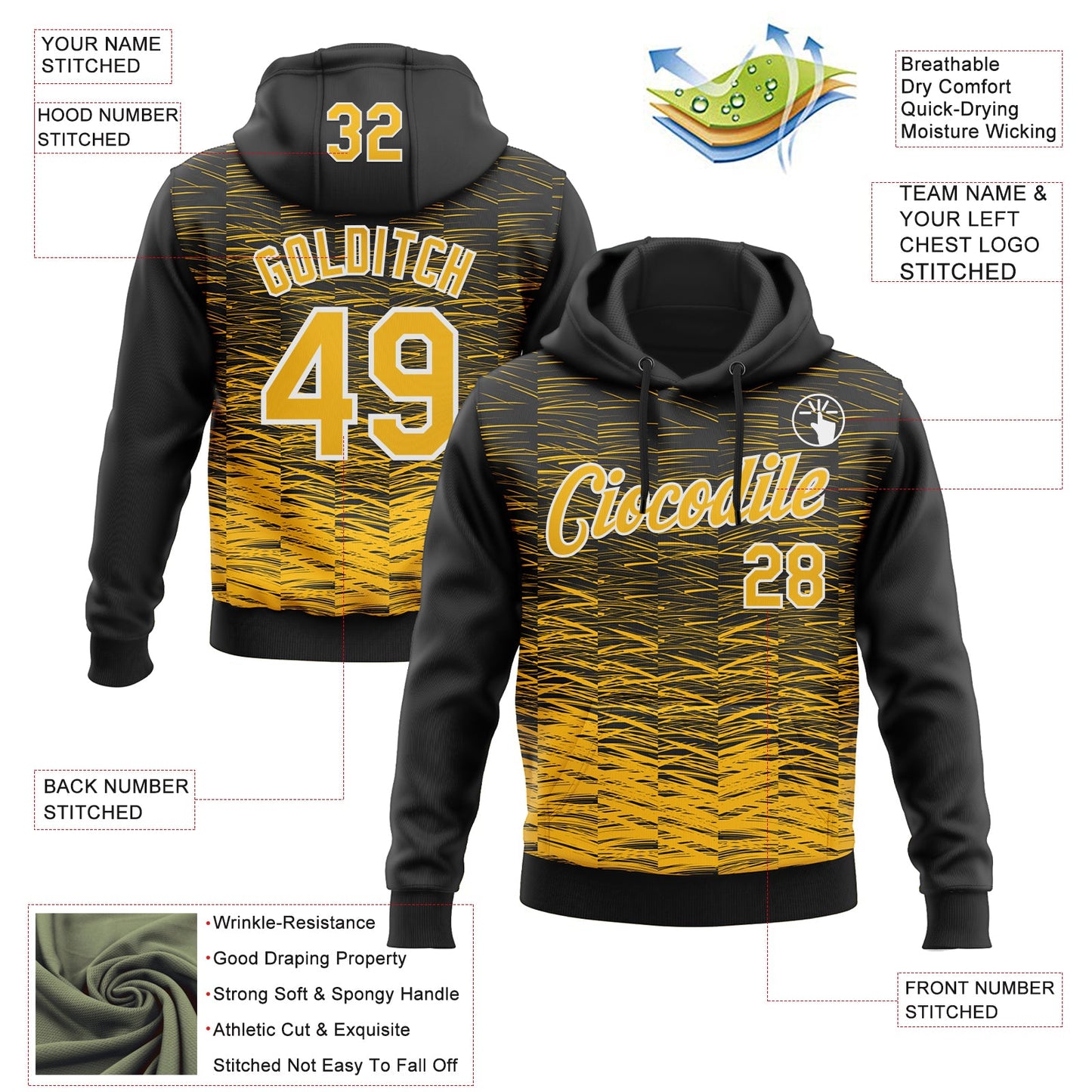 Custom Stitched Black Gold-White Line Sports Pullover Sweatshirt Hoodie view 4