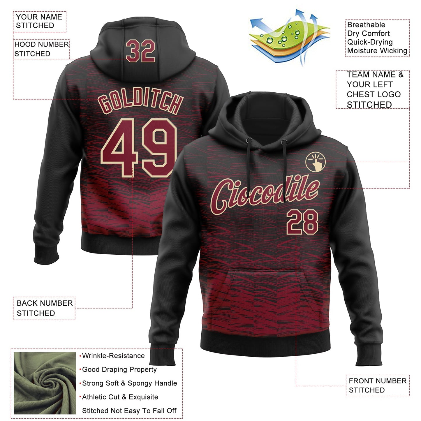 Custom Stitched Black Crimson-Cream Line Sports Pullover Sweatshirt Hoodie view 4