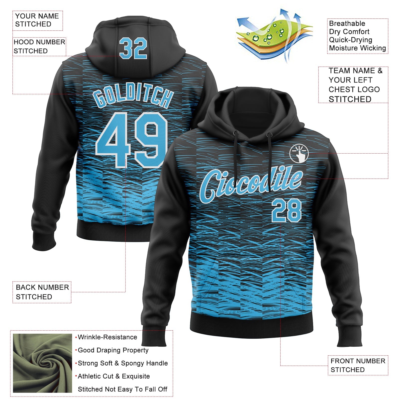Custom Stitched Black Sky Blue-White Line Sports Pullover Sweatshirt Hoodie view 4
