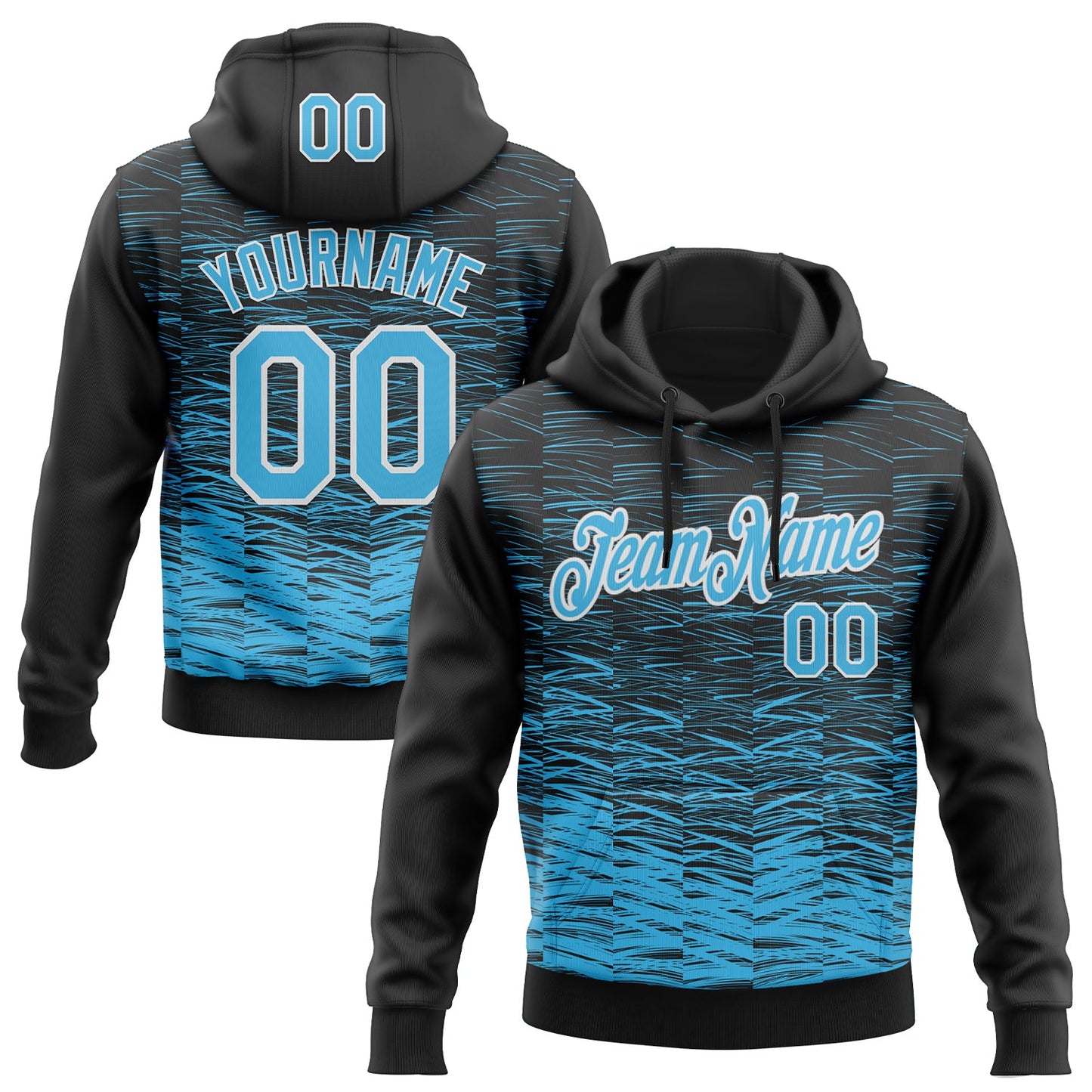 Custom Stitched Black Sky Blue-White Line Sports Pullover Sweatshirt Hoodie - Main View