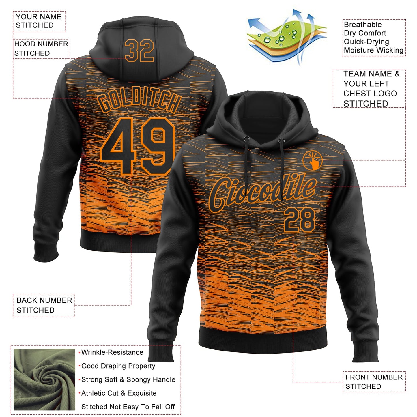 Custom Stitched Black Bay Orange Line Sports Pullover Sweatshirt Hoodie view 4