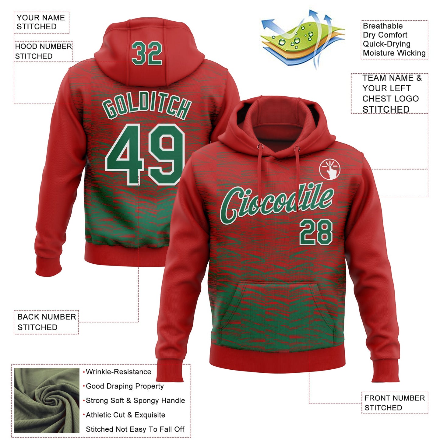 Custom Stitched Red Kelly Green-White Line Sports Pullover Sweatshirt Hoodie view 4
