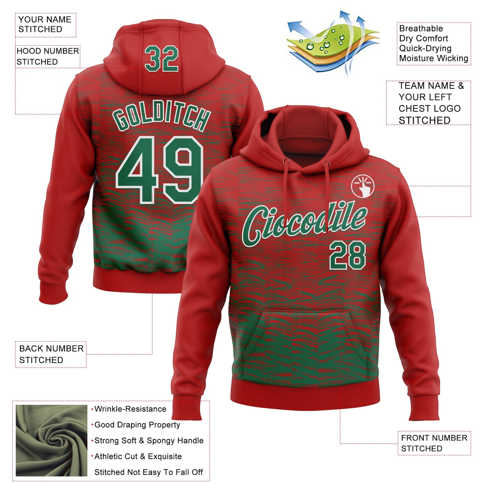 Custom Stitched Red Kelly Green-White Line Sports Pullover Sweatshirt Hoodie view 4