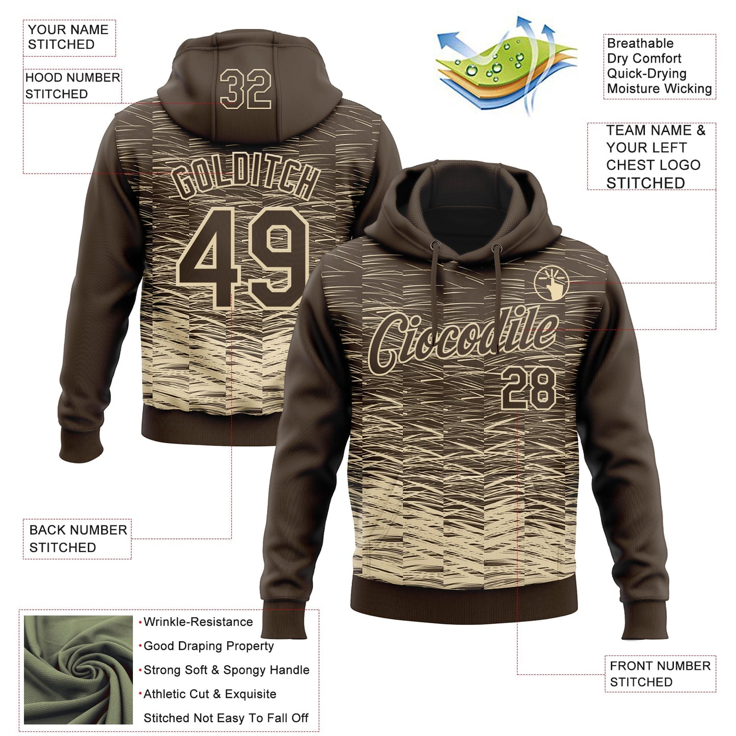 Custom Stitched Brown Cream Line Sports Pullover Sweatshirt Hoodie view 4