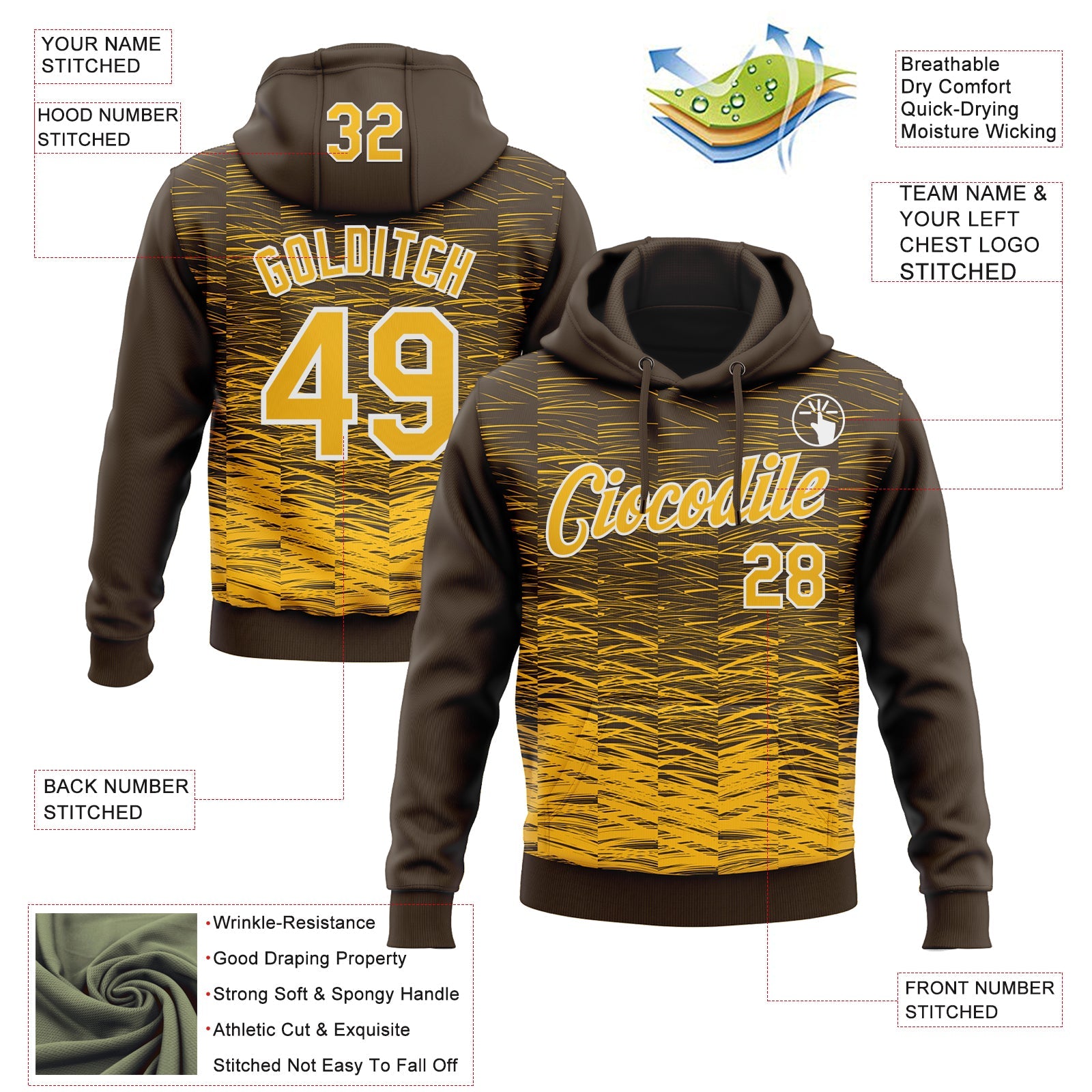 Custom Stitched Brown Gold-White Line Sports Pullover Sweatshirt Hoodie view 4