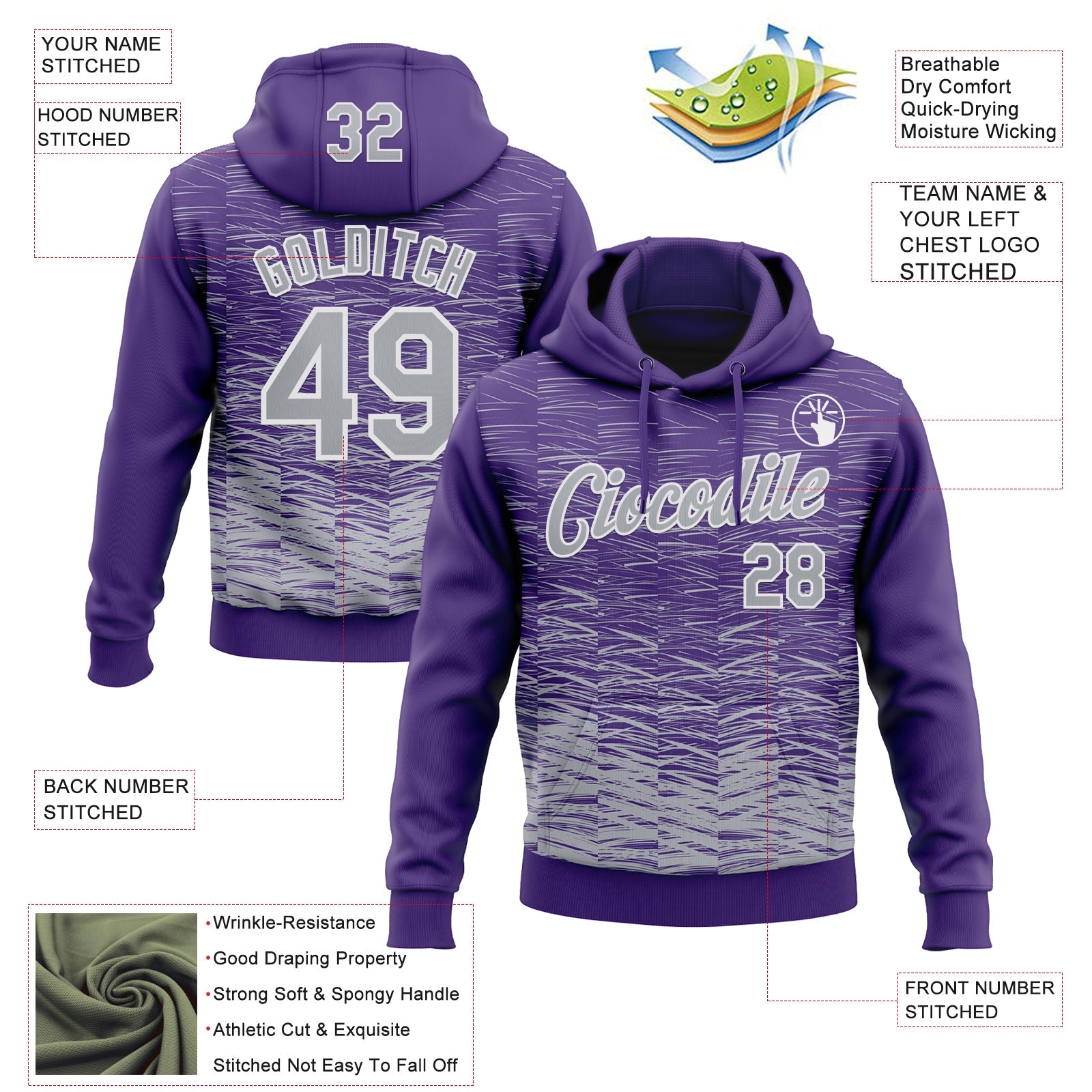 Custom Stitched Purple Gray-White Line Sports Pullover Sweatshirt Hoodie view 4