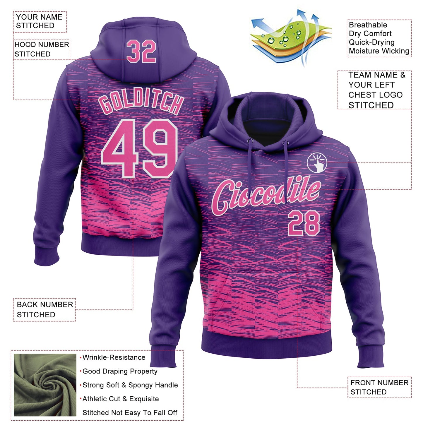 Custom Stitched Purple Pink-White Line Sports Pullover Sweatshirt Hoodie view 4