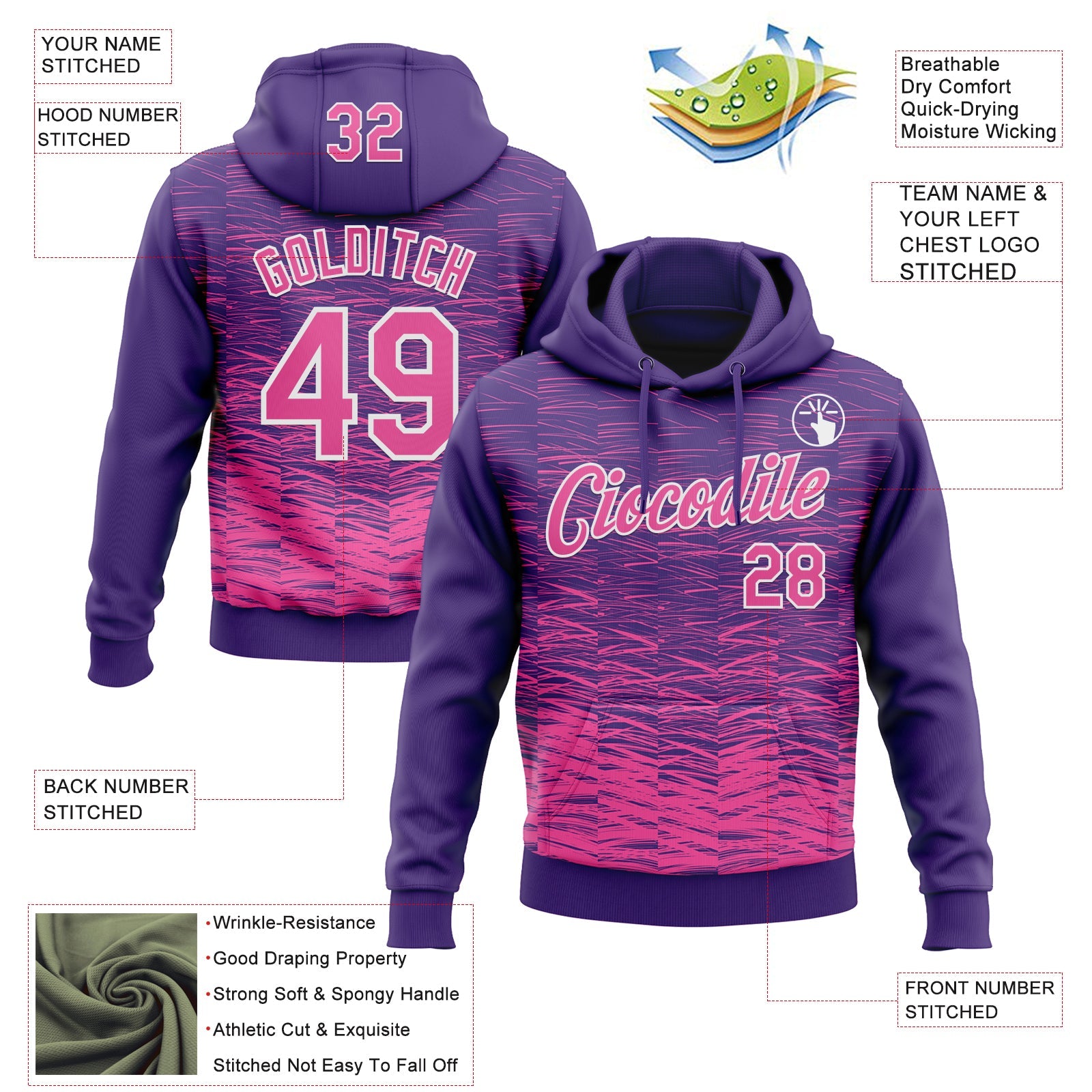 Custom Stitched Purple Pink-White Line Sports Pullover Sweatshirt Hoodie view 4