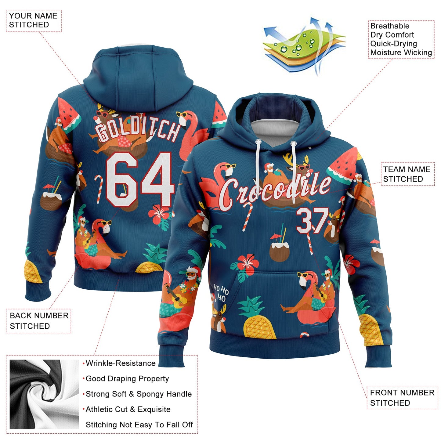 Custom Stitched Navy White-Red 3D Tropical Christmas Santas With Reindeers And Flamingos Sports Pullover Sweatshirt Hoodie view 2