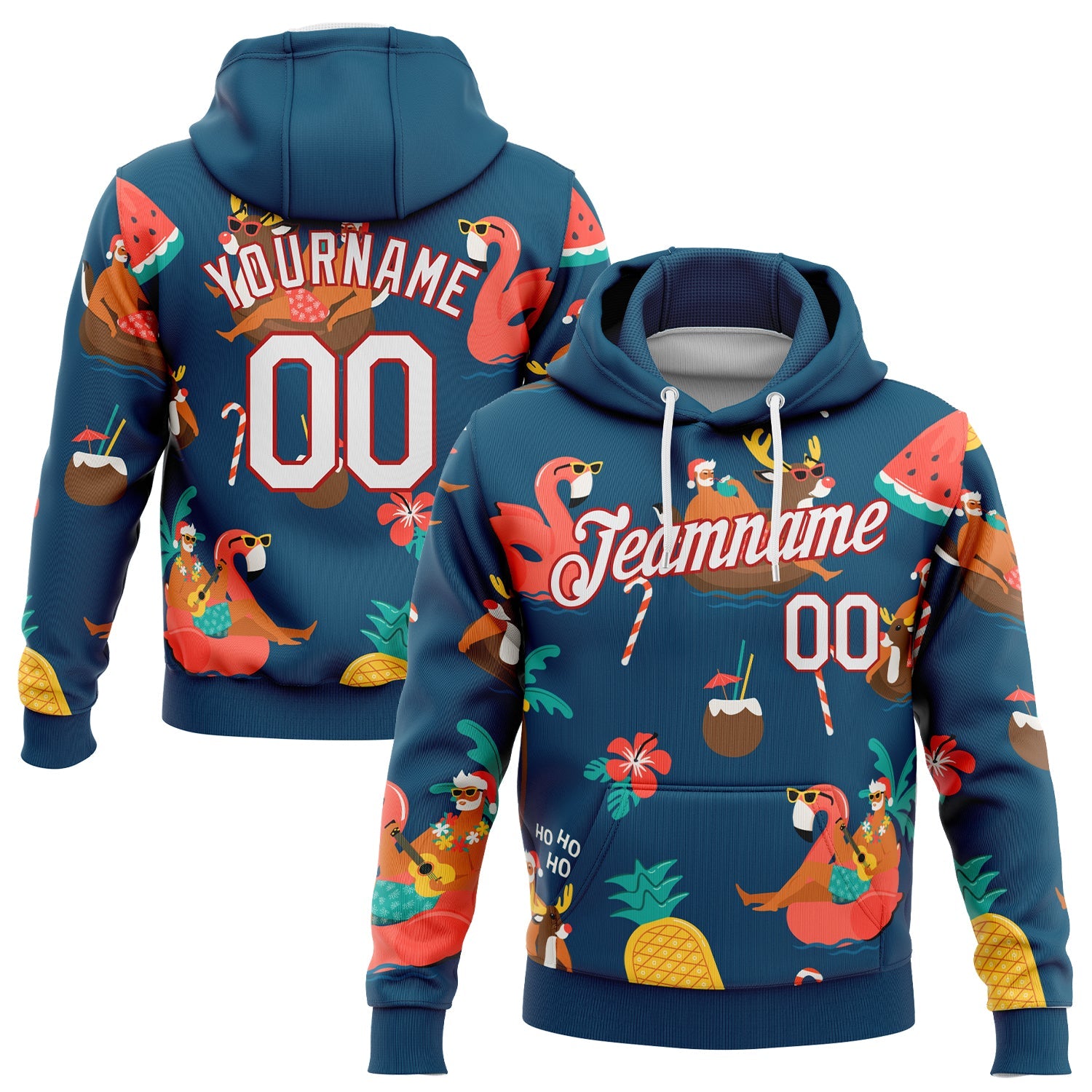Custom Stitched Navy White-Red 3D Tropical Christmas Santas With Reindeers And Flamingos Sports Pullover Sweatshirt Hoodie - Main View