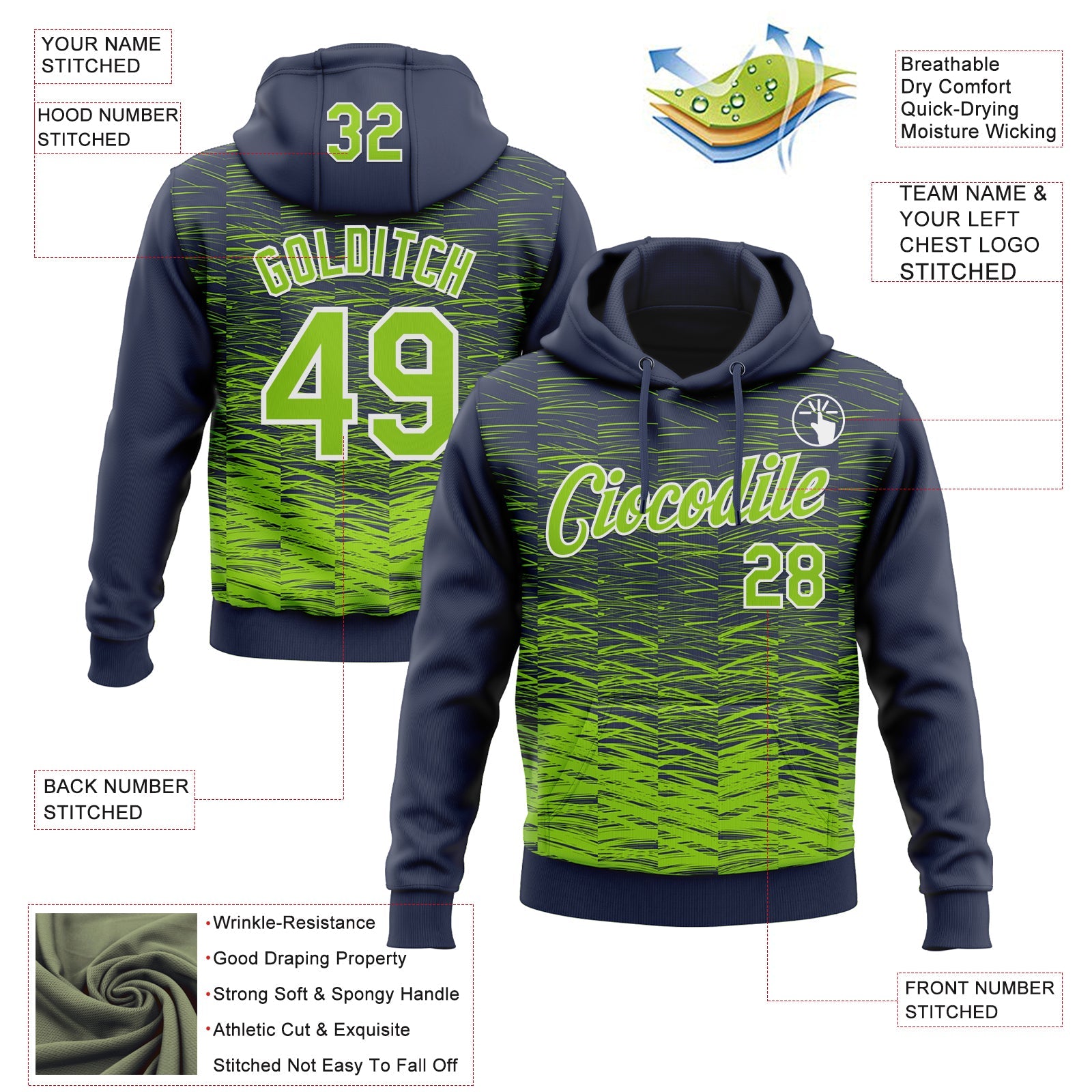 Custom Stitched Navy Neon Green-White Line Sports Pullover Sweatshirt Hoodie view 4