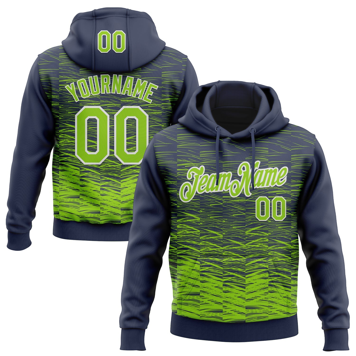 Custom Stitched Navy Neon Green-White Line Sports Pullover Sweatshirt Hoodie - Main View