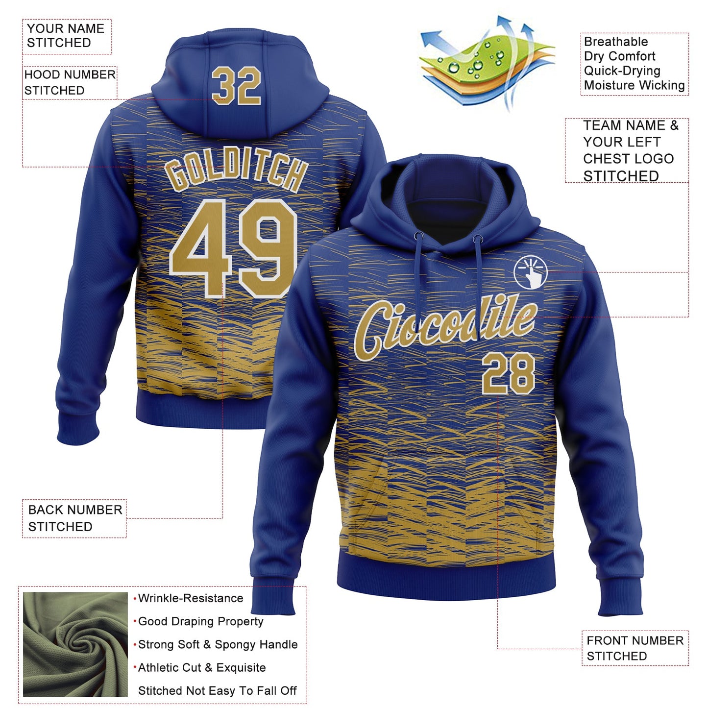 Custom Stitched Royal Old Gold-White Line Sports Pullover Sweatshirt Hoodie view 4