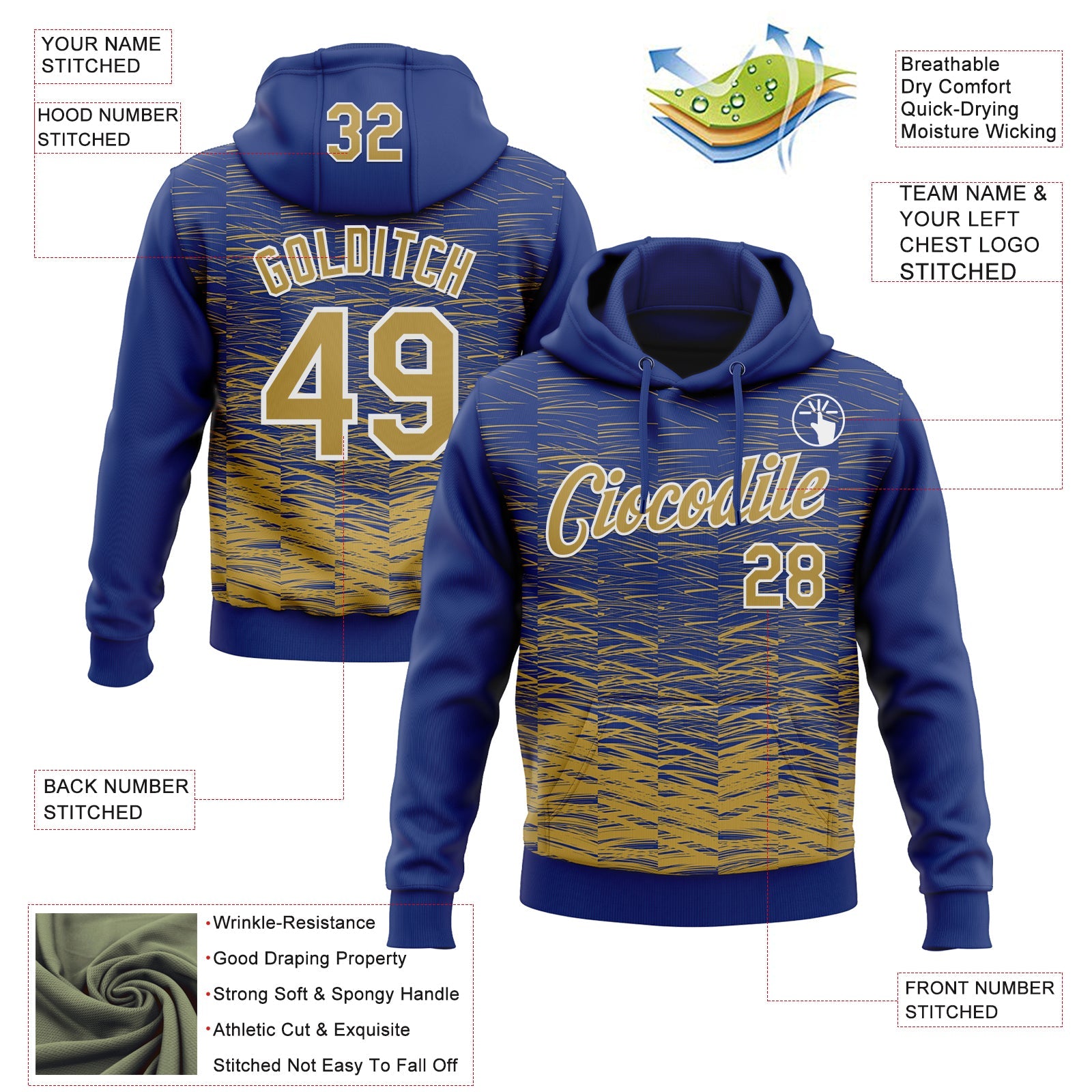 Custom Stitched Royal Old Gold-White Line Sports Pullover Sweatshirt Hoodie view 4
