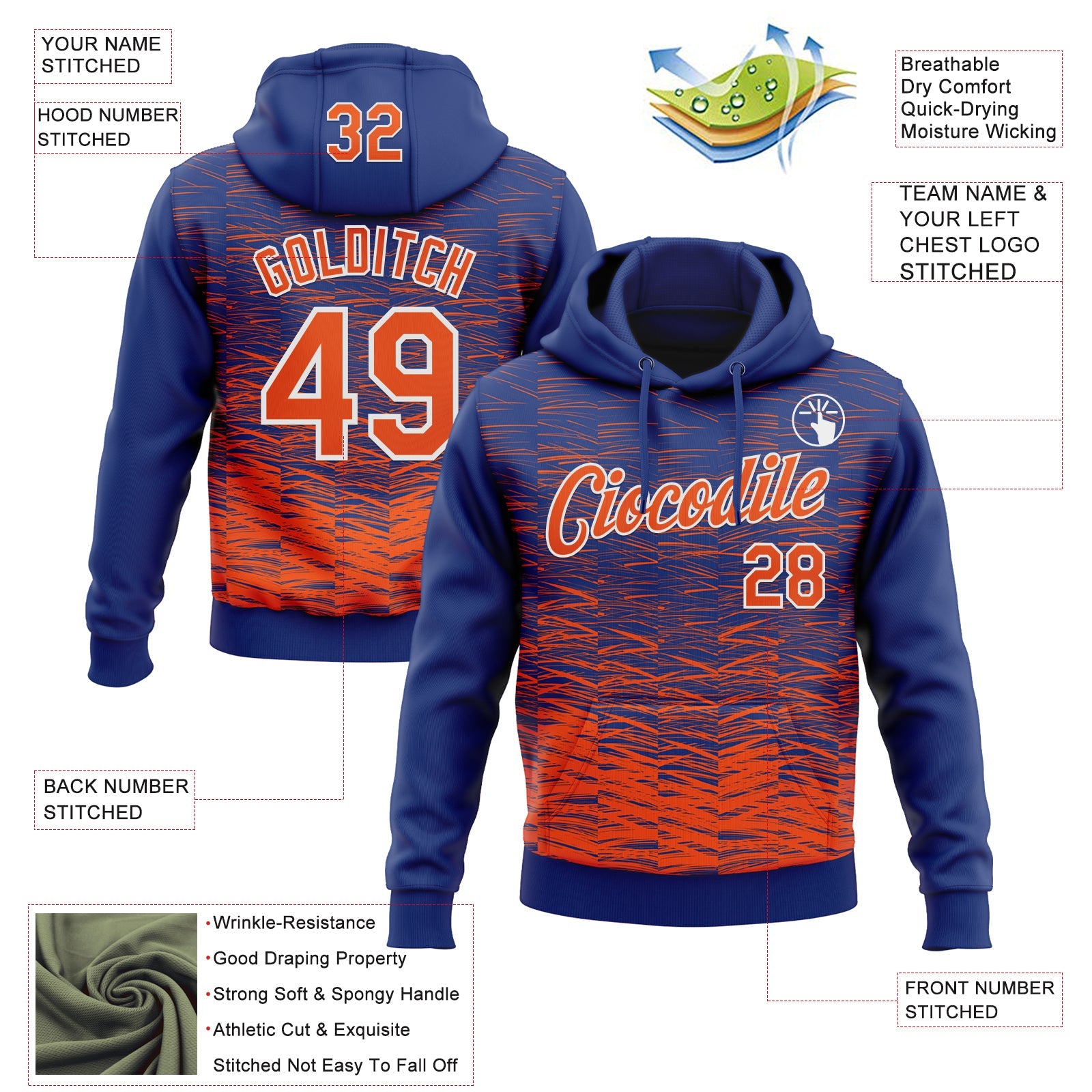 Custom Stitched Royal Orange-White Line Sports Pullover Sweatshirt Hoodie view 4