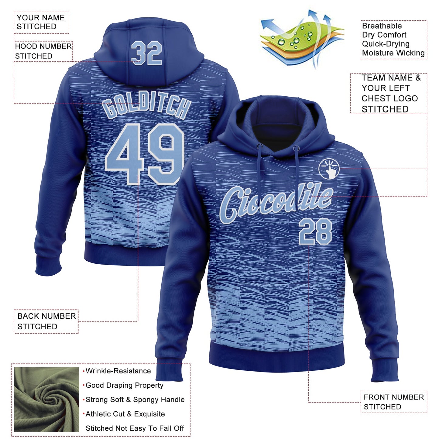 Custom Stitched Royal Light Blue-White Line Sports Pullover Sweatshirt Hoodie view 4