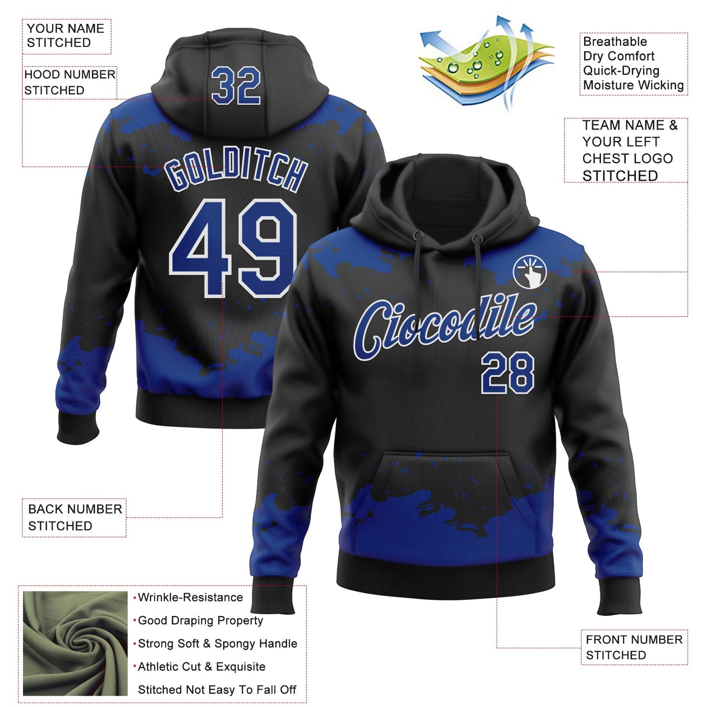 Custom Stitched Black Royal-White Fragment Pattern Sports Pullover Sweatshirt Hoodie view 4