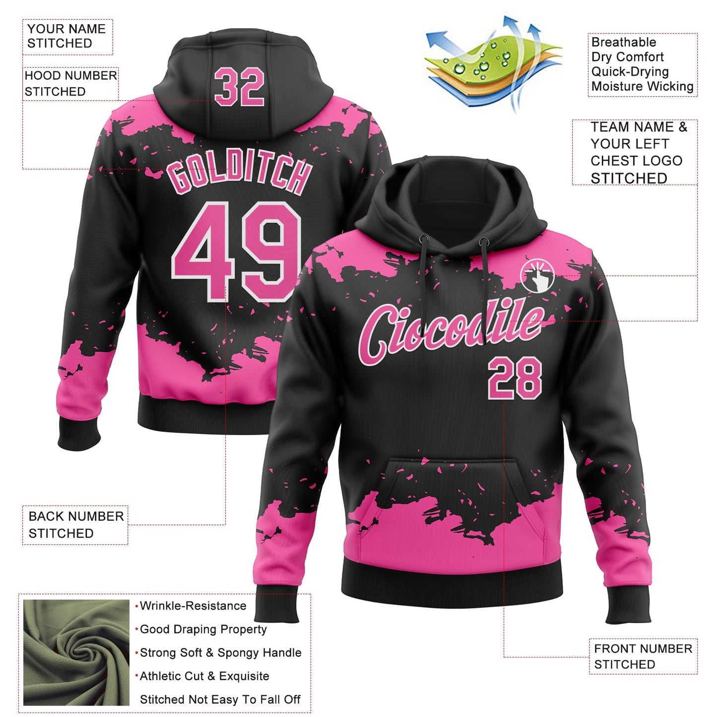 Custom Stitched Black Pink-White Fragment Pattern Sports Pullover Sweatshirt Hoodie view 4